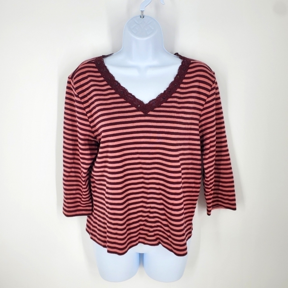 First Issue Liz Claiborne Knit 3/4 Sleeve Top Striped Shirt Women Large Maroon